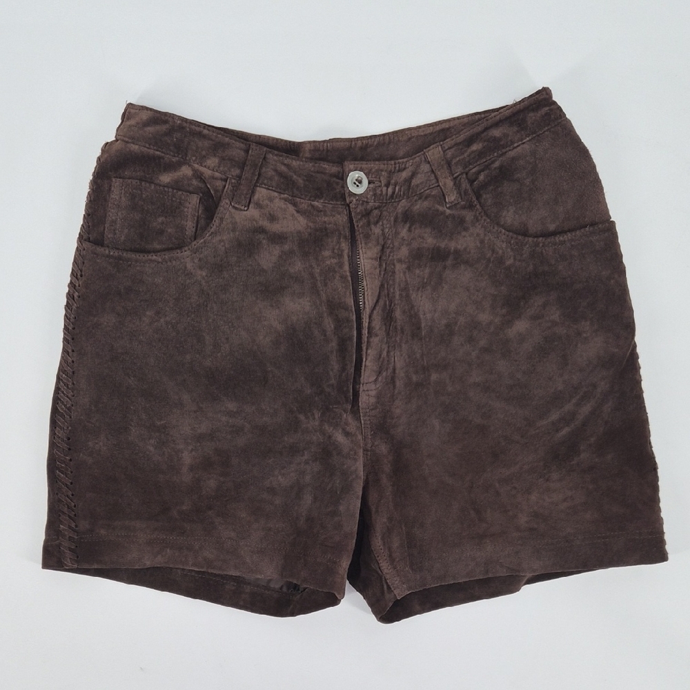 Vintage dark brown suede leather high waisted Western Boho Festival Shorts‎